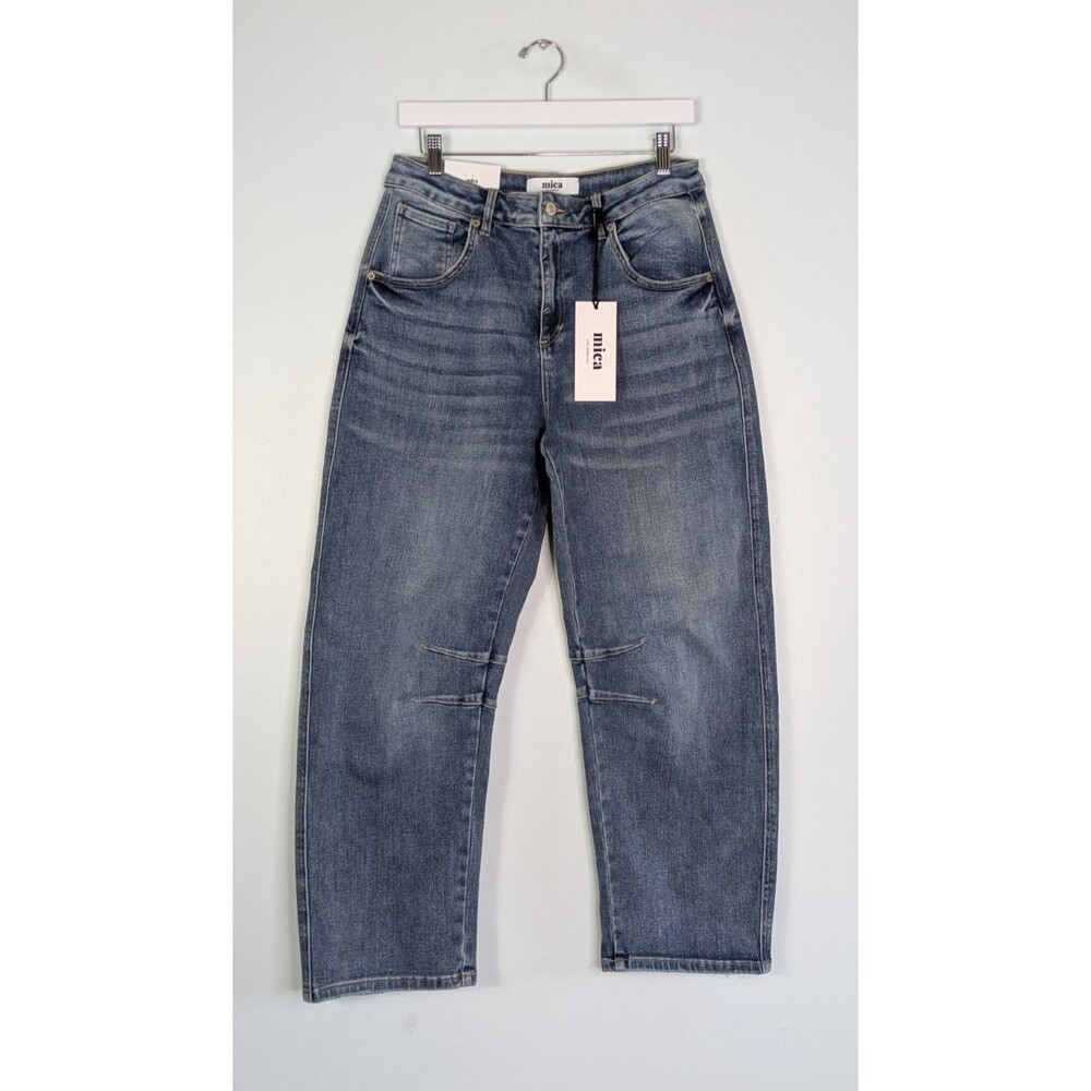 MICA DENIM Medium Wash High Rise Barrel Leg Jeans Curved Seam Baggy Cropped 28